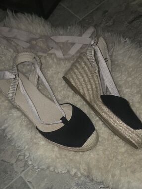 Primark Black Espadrille Wedge Sandals with Beige Ankle Ties